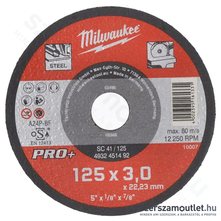 MILWAUKEE SC41 PRO+ Vágókorong fémhez, egyenes 125x22,2x3mm