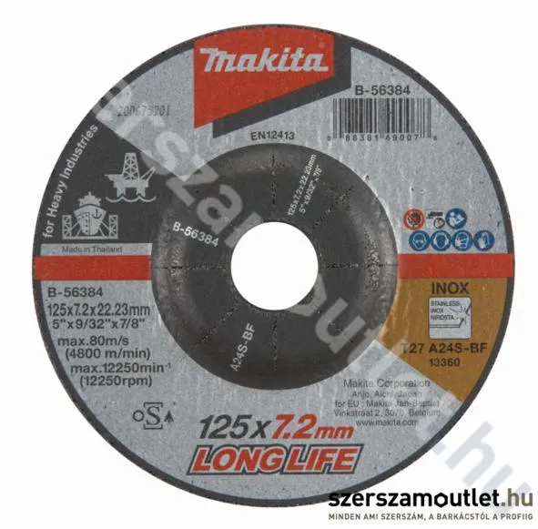 MAKITA csiszolótárcsa INOX 125x7,2 mm A24S LONG LIFE